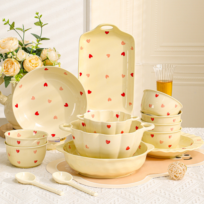 French Cream Style Love Tableware and Dish Set High-Value Ceramic Rice Bowl Household Dish Plate Bowl Set