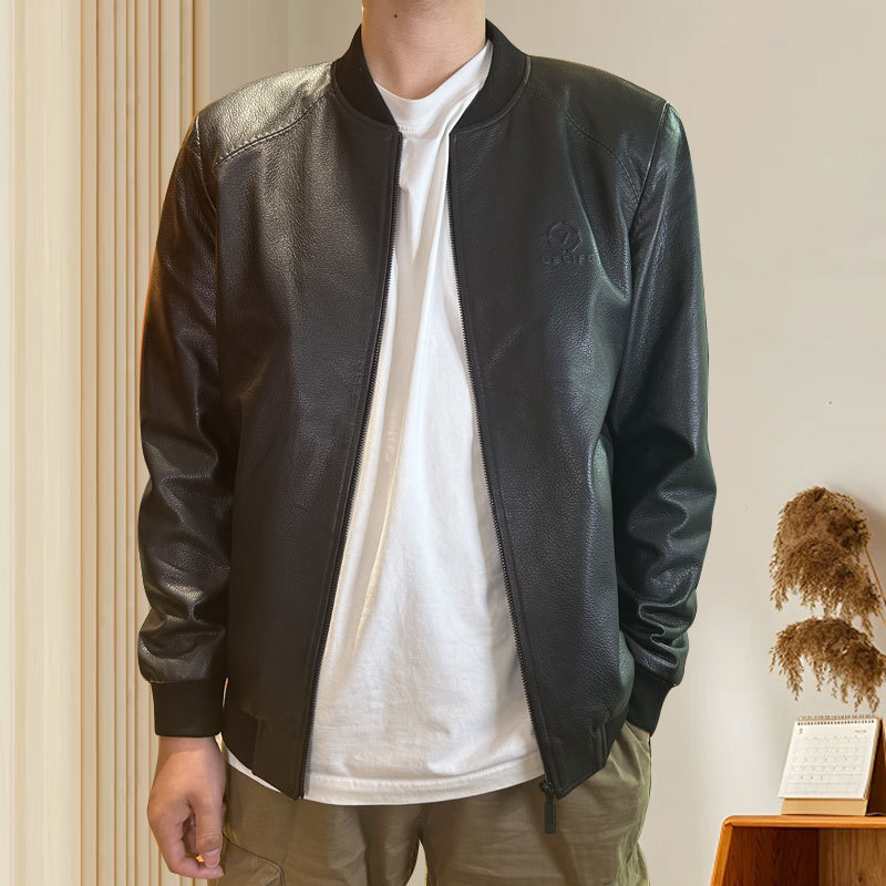 2026 New Style Round Neck Goat Wrinkle Leather Jacket Men's Spring and Autumn Slim Fit Fashionable Casual Leather Jacket