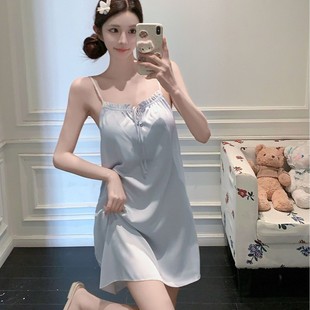 Ice Silk Summer New Nightgown Women's Sexy Pure Sweet Princess Style Thin Sling Pajamas Summer Home Clothes