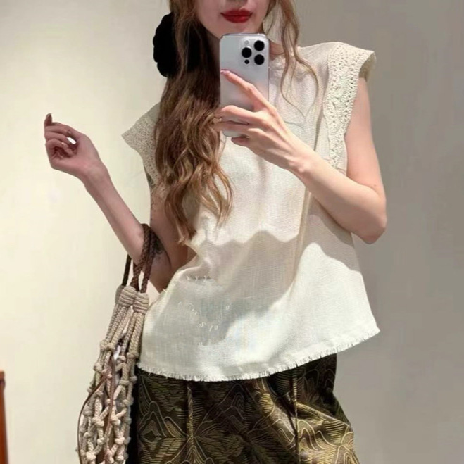 Popular 2026 fashion versatile high-quality linen three-dimensional stylish crochet hollow lace top, age-reducing sleeveless shirt