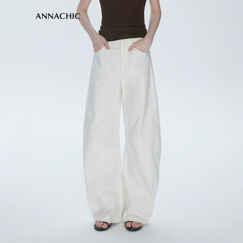 ANNACHIC Relaxed Fit Pants_White Tailored Curved Cut Jeans Loose Wide-Leg Scythe Banana Casual Pants