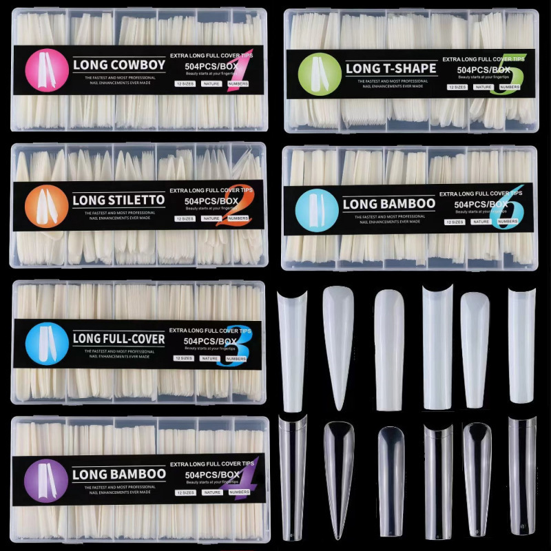 504Pcs Cross-Border Manicure European and American Manicure Pieces XXXL Extended Water Pipe Ballet Denim Long Tip Salon Nail Pieces French Edge