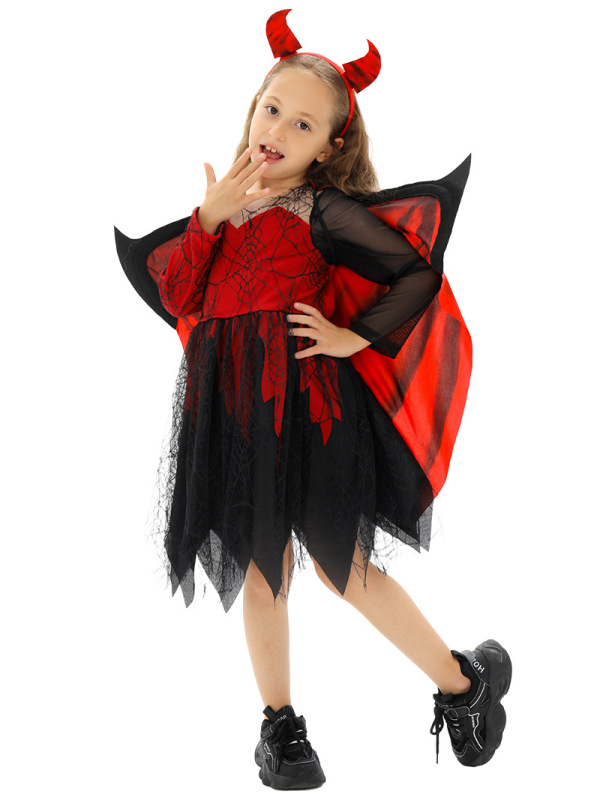 【新商品】国境を越えた人気のハロウィンコスチューム、子供用コスチューム、蜘蛛の巣、コウモリのマント、プリーツ魔女帽子|undefined