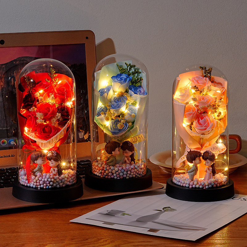 520 Valentine's Day Eternal Flower 7 Rose Bouquet Dried Flowers Baby's Breath Glass Cover Flower Light Couple Doll Ornaments
