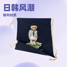跨境风潮日韩PL束口袋款印花熊帆布包购物袋背包单肩手提袋托特包
