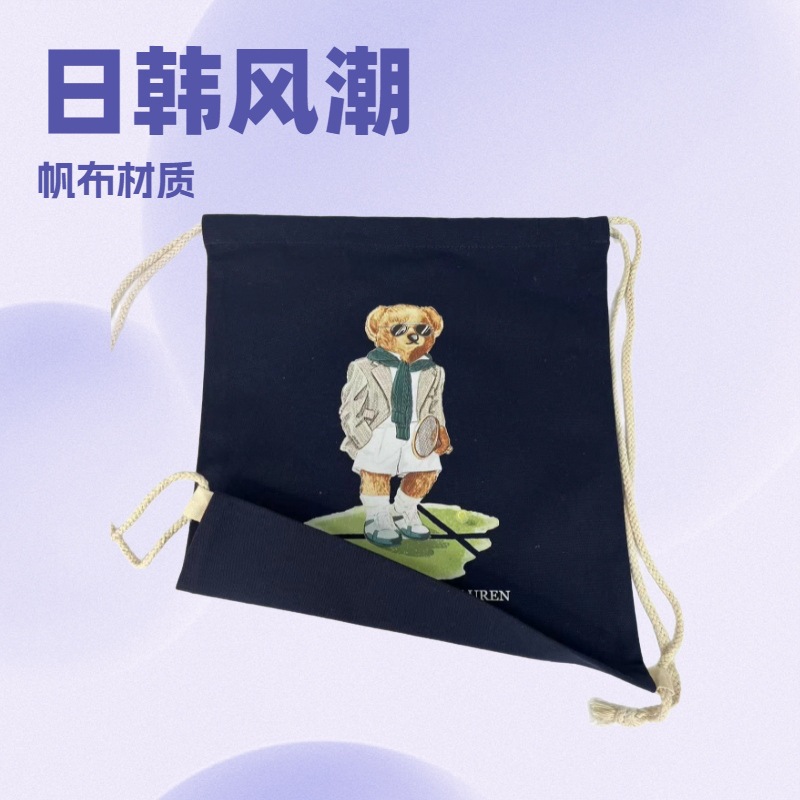 跨境风潮日韩PL束口袋款印花熊帆布包购物袋背包单肩手提袋托特包