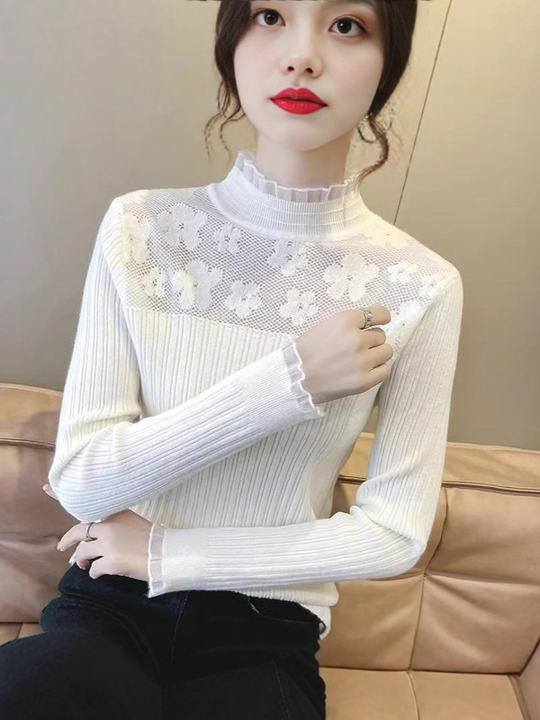 春秋打底衫女2025新款洋蕾丝毛衣针织衫洋气百搭长袖套头上衣纯色|undefined