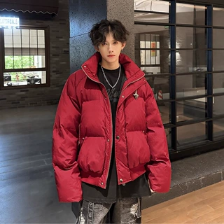 满天星红色羽绒棉服男冬季加厚保暖面包服美式高街设计感痞帅外套