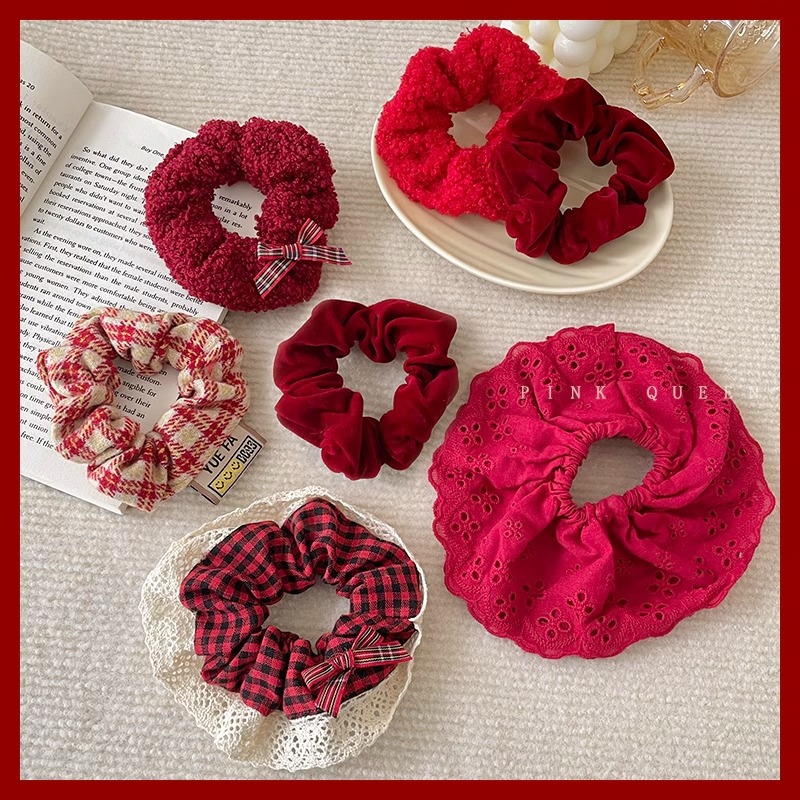 Coreano retro cuadrado rojo bordes de encaje anillo de intestino grande Navidad Año Nuevo nicho universal anillo de cabello de mujer bola cuerda de cabello
