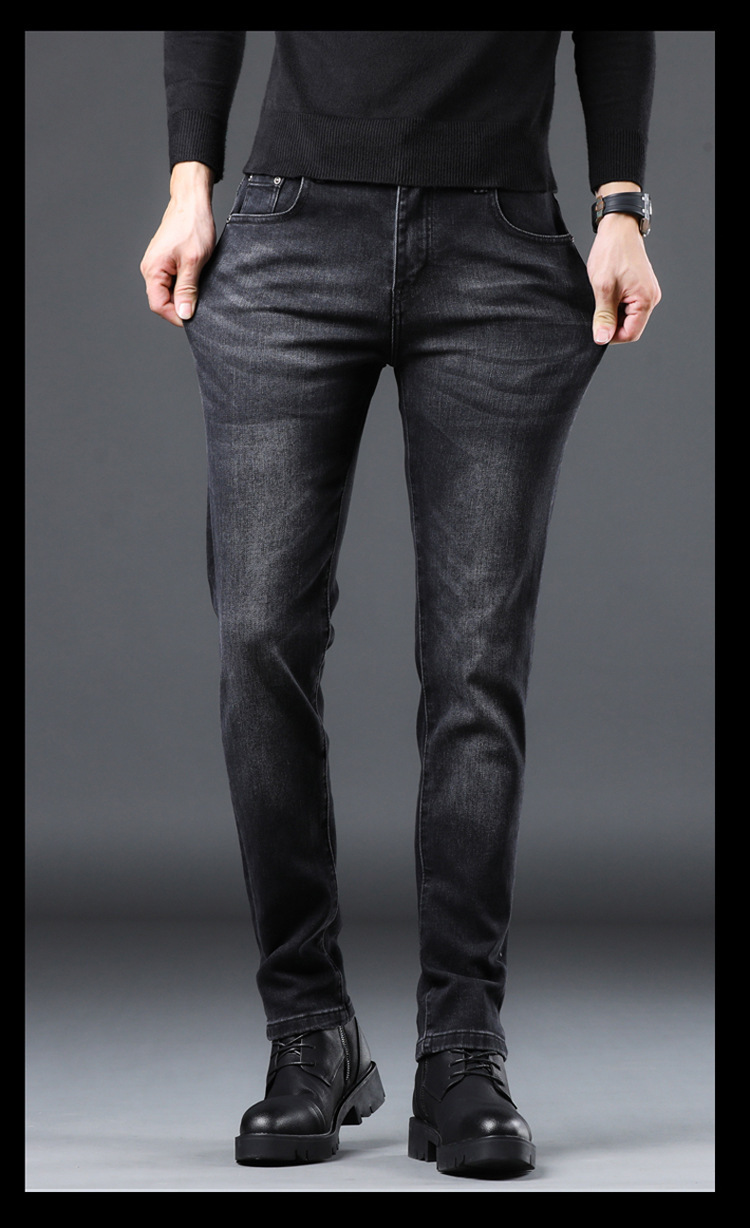 Jeans neri invernali europei, pantaloni in pile slim fit alla moda da uomo, pantaloni casual elastici da uomo_voghion.com