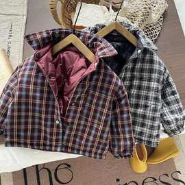 巜双面穿搭》韩版儿童棉衣2025冬装男童新款保暖棉服加厚格子外套