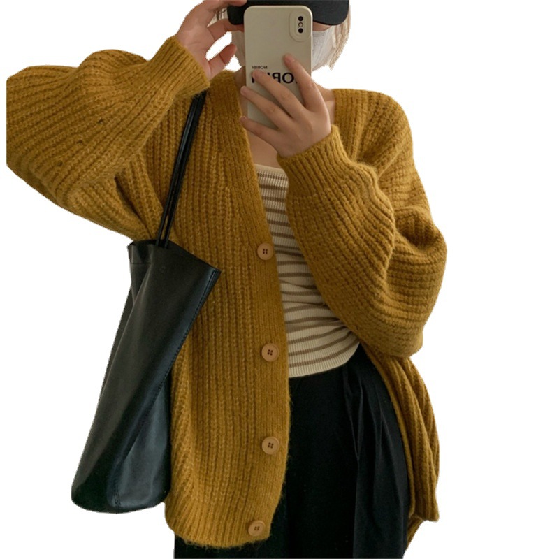 (2개) 부드러운 우유 파란색 두꺼운 중간 길이 니트 가디건 여성 신작 가을, 겨울 느슨한 게으른 V 넥 두꺼운 니트 스웨터 재킷