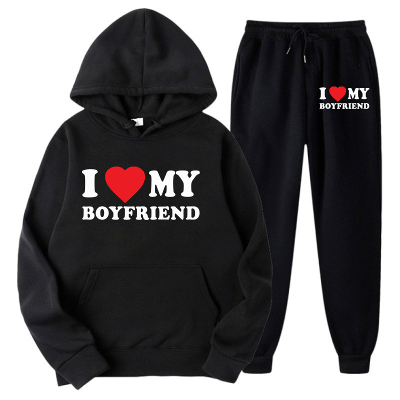 Cross-border Amazon "I Love My Boyfriend" Heart-themed Hoodie Set for Men and Women, Casual Loose Sweatshirt Set
