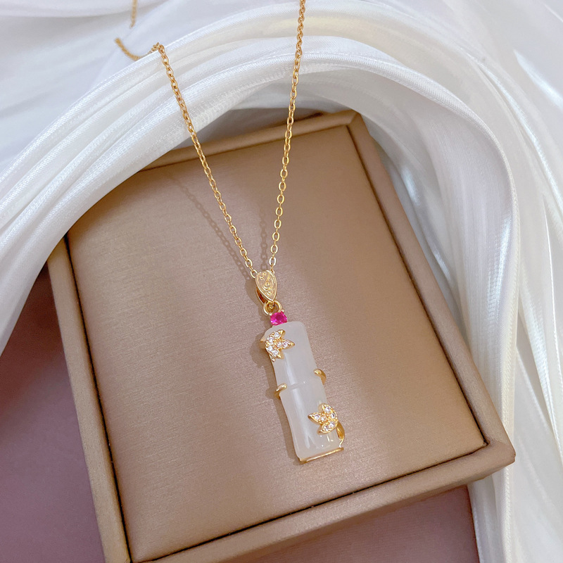 Titanstål jade bambu halsband lyxig micro diamant kedja_voghion.com