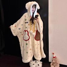 可爱米菲兔子睡衣女秋冬季加厚连帽珊瑚绒长款睡袍家居服斗篷睡衣