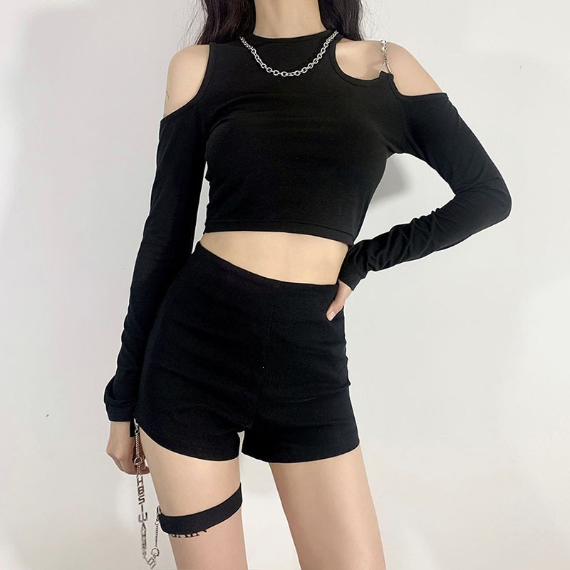 European Station 2026 Street Fashion Summer New Women's Slim Fit Sexy Off-Shoulder Long Sleeve Round Neck Short T-Shirt for Women