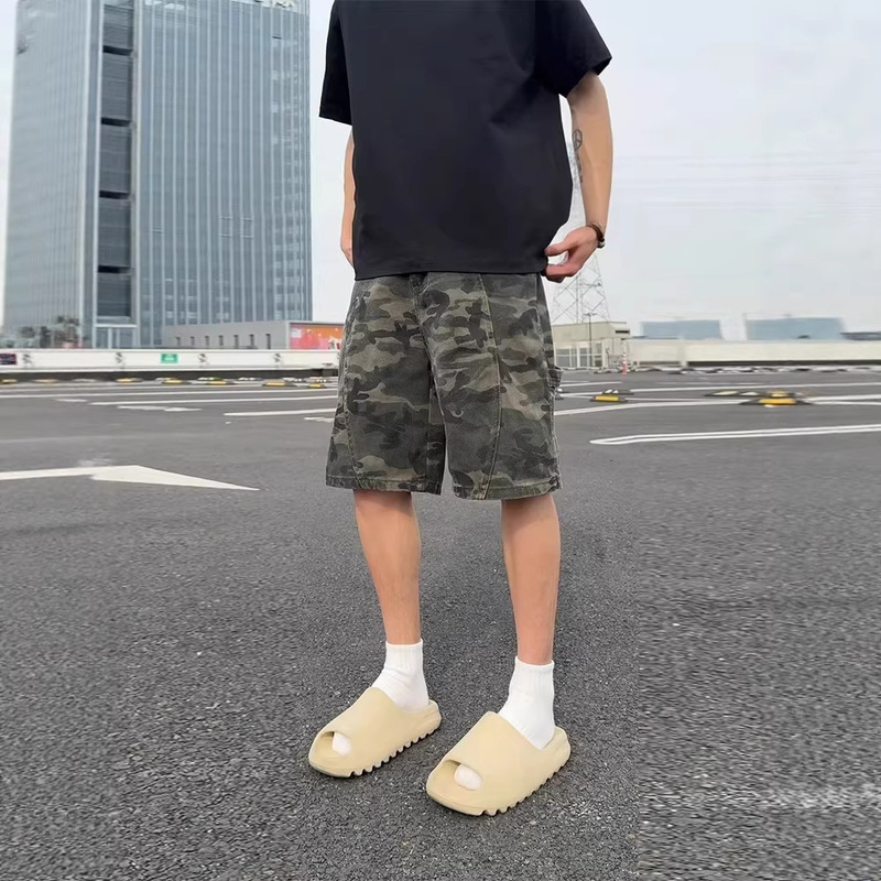 American-Style Camouflage Workwear Denim Shorts for Men, Summer Trendy Brand Loose Straight Mid-Length Casual Knee-Length Shorts