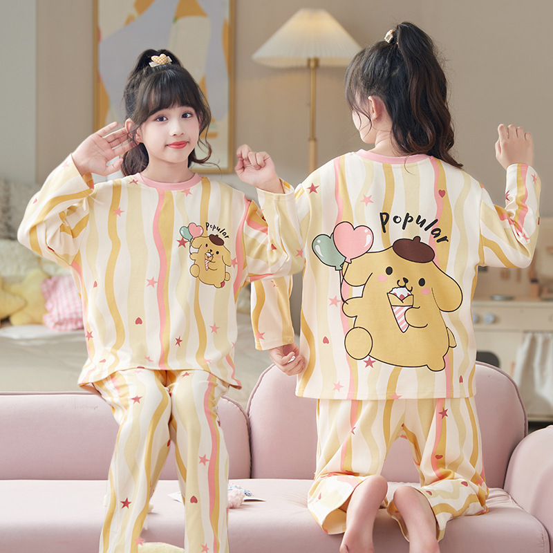女の子のパジャマの長袖の純綿の薄いタイプの秋の服の中で大きい子供のパチャの犬の子供の王女の赤ちゃんの家庭服のスーツ|undefined