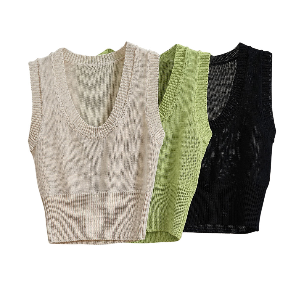 Lufu primavera/verano estilo coreano de moda retro gran U-cuello de punto chaleco corto piel-friendly desgaste exterior chaleco casual para las mujeres image 6