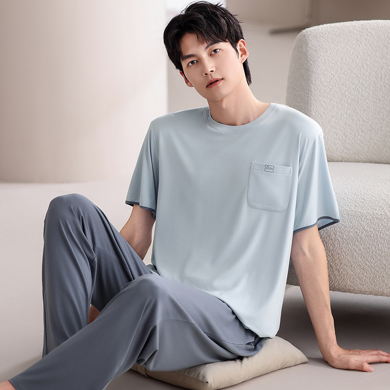 男性用パジャマ夏の新しいモーダル半袖ズボン 2 点セットティーンエイジャー薄型スタイルは家の服の外で着用できます大きいサイズ|undefined