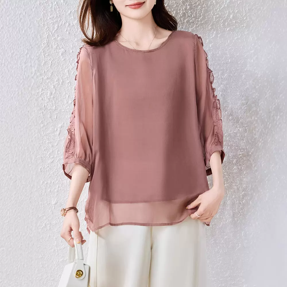 实拍现货五分袖雪纺圆领衬衫2025夏季新款设计感遮肚宽松显瘦上衣