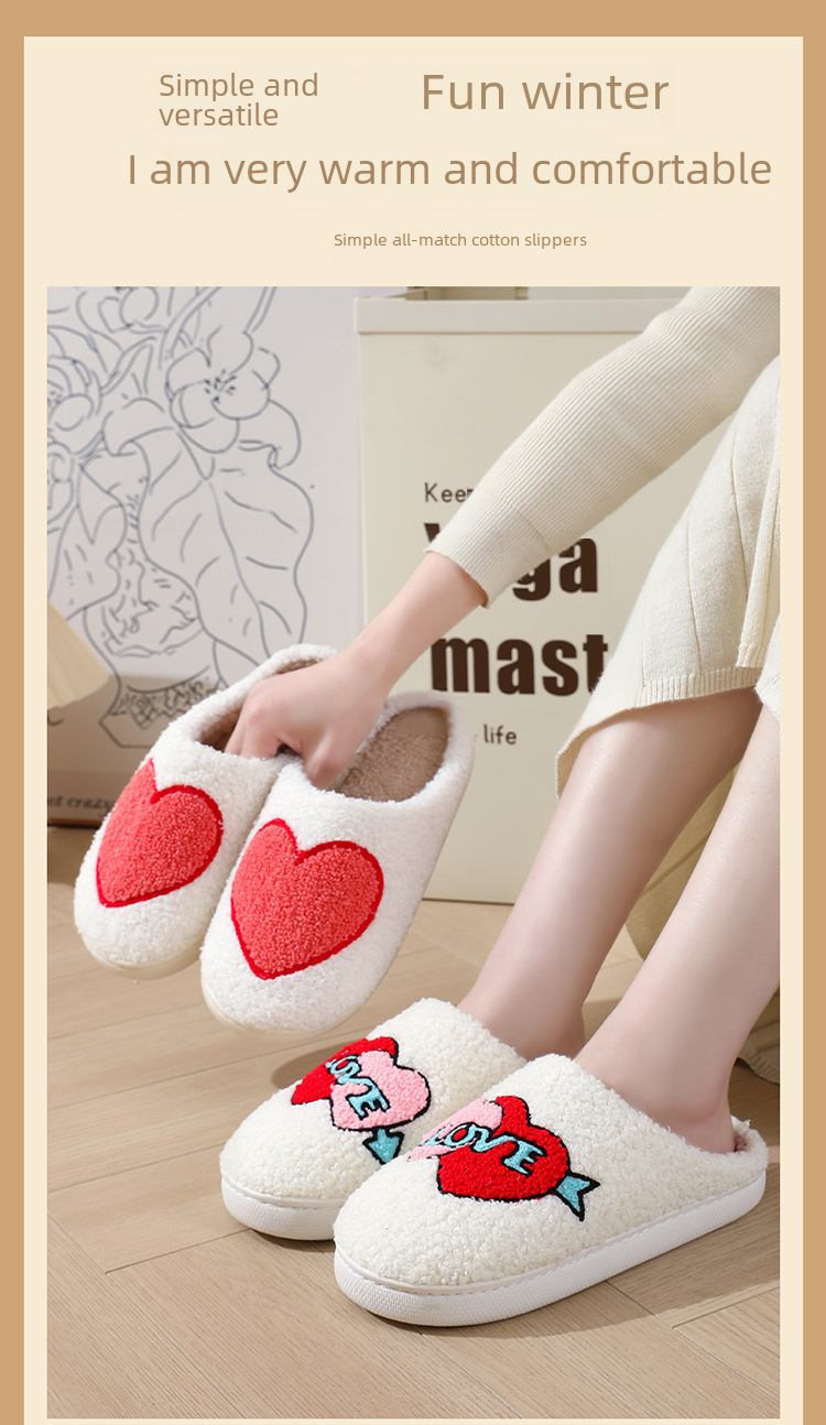 Pantofole di cotone con faccina sorridente, caldo inverno, grande amore, all'ingrosso, per donna, per interni, in peluche, calde, per la casa_voghion.com