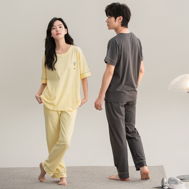 [Antibacteriano] pijama hombre de verano de mangas cortas de algodón pareja conjunto de mujeres casuales de color sólido de alta calidad ropa para el hogar