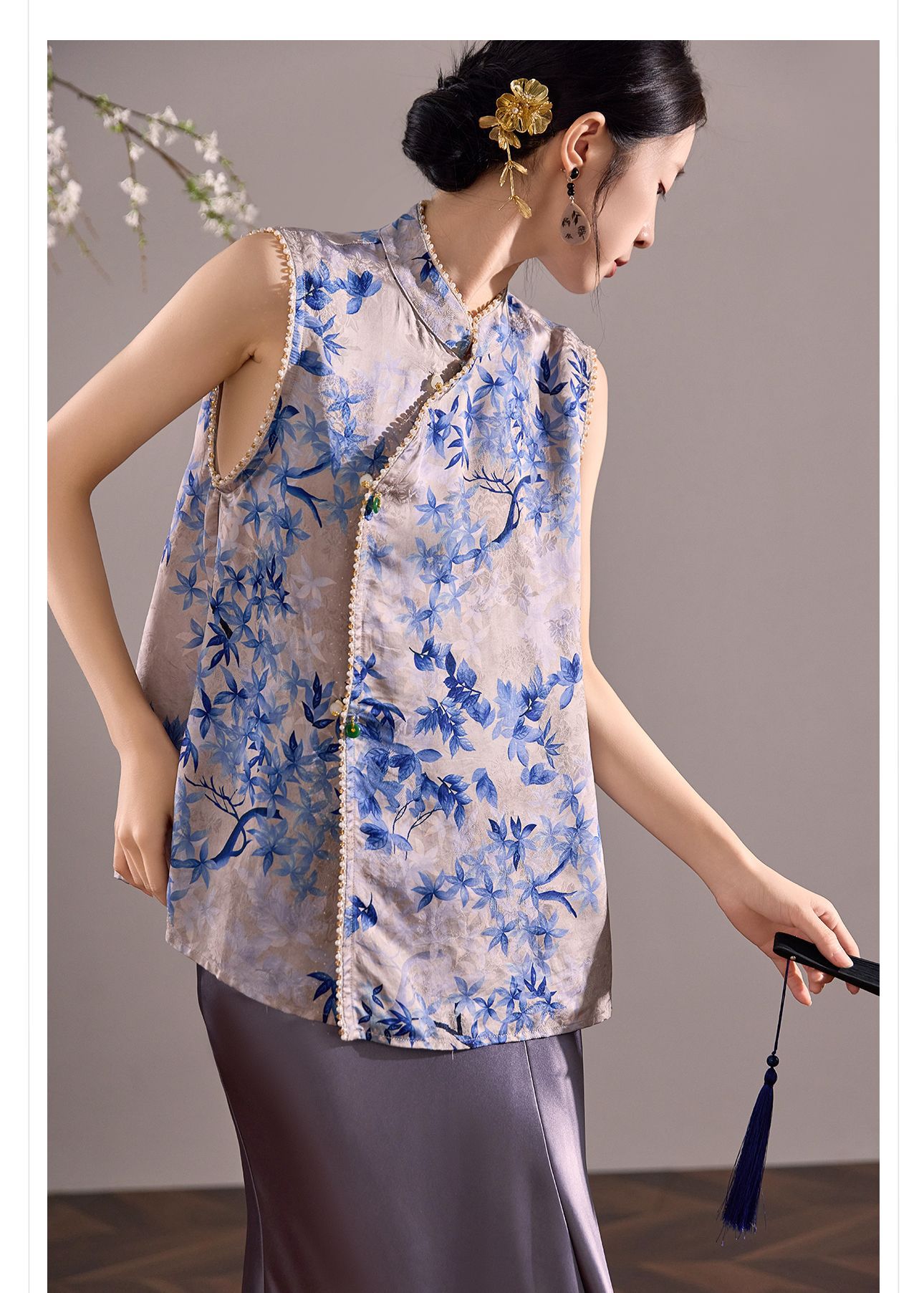Áo vest gile nữ cổ đứng không tay phong cách cổ điển Trung Hoa, đính chuỗi hạt, mùa hè M8035 — màu xanh chi tiết 9