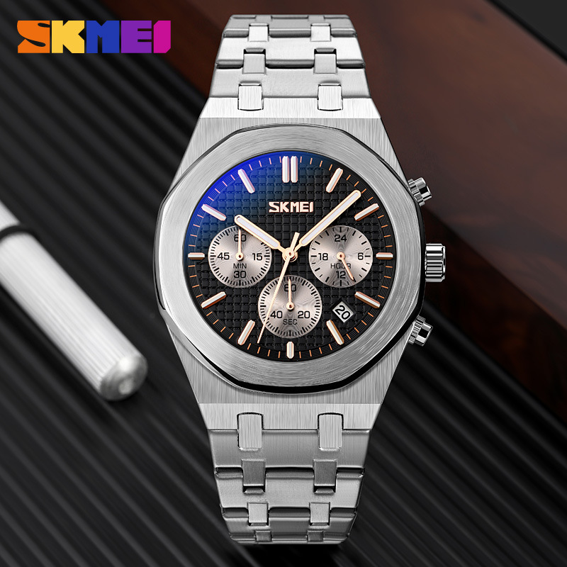 Timemei Chronograph Watch with Three Dials and Six Hands, Multifunctional Men's Steel Band Waterproof Quartz Watch, Cross-Border Supply Timemei Chronograph Watch with Three Dials and Six Hands, Multifunctional Men's Steel Band Waterproof Quartz Watch, Cross-Border Supply
