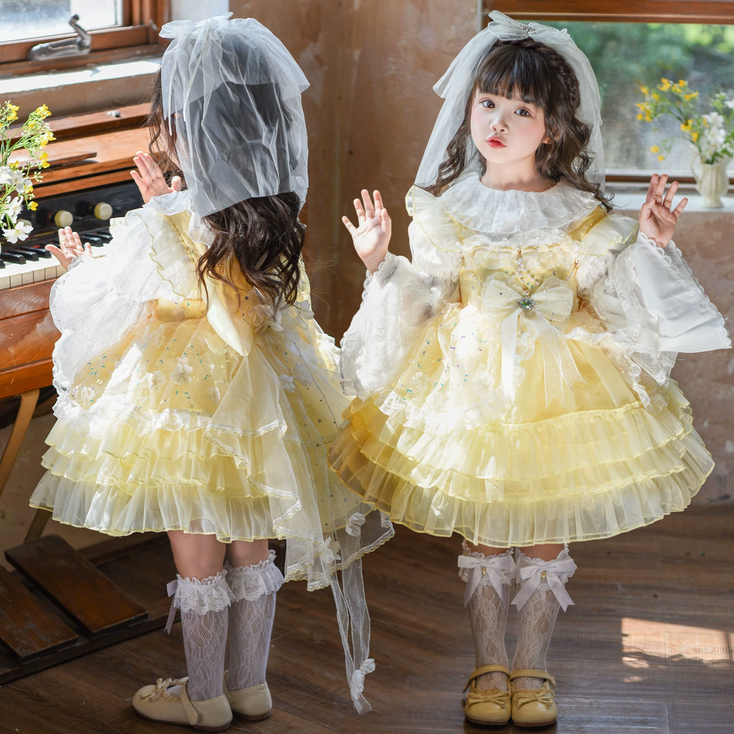 Платье принцессы для девочек, новое осеннее платье с цветочным принтом в стиле феи, детское пышное платье, платье на день рождения, платье в стиле Лолиты.