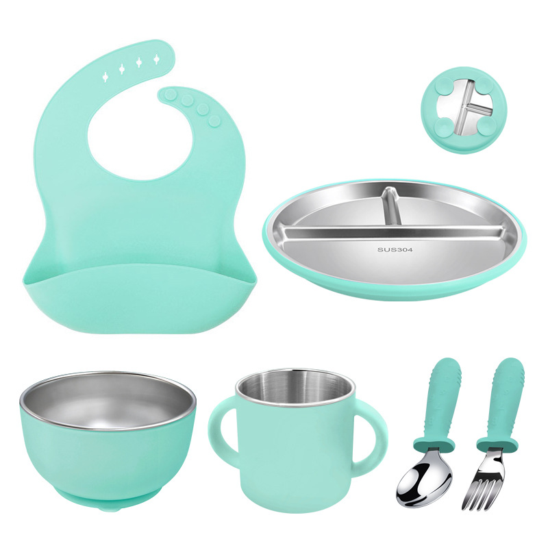 민트 그린 (턱받이 + 스테인리스 접시 + 스테인리스 원형 그릇 + 스테인리스 더블 이어컵 + 스테인리스 디지털 포크와 스푼)