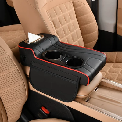 2025 New Central Car Armrest Box Booster Pad Protective Cover Double Cup Holder High-End Leather Car Tissue Box