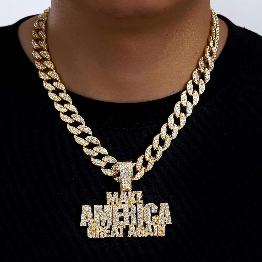 Amazon venta caliente Europa y América Hip Hop accesorios para hombres dominantes llenos de diamantes MAKE AMERICA colgante de letras cadena cubana