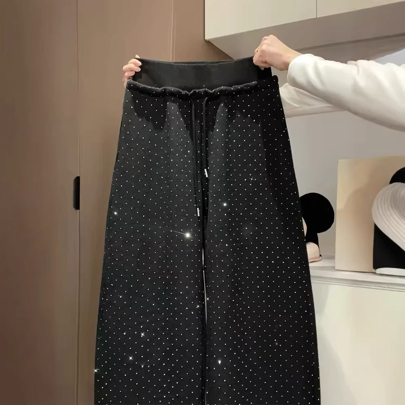 Black Sequin Wide-Leg Pants for Women, 2026 Spring New Style, Fleece-Lined Pants for Petite Figures, High-Waisted, Drapey Straight-Leg Sweatpants Black Sequin Wide-Leg Pants for Women, 2026 Spring New Style, Fleece-Lined Pants for Petite Figures, High-Waisted, Drapey Straight-Leg Sweatpants