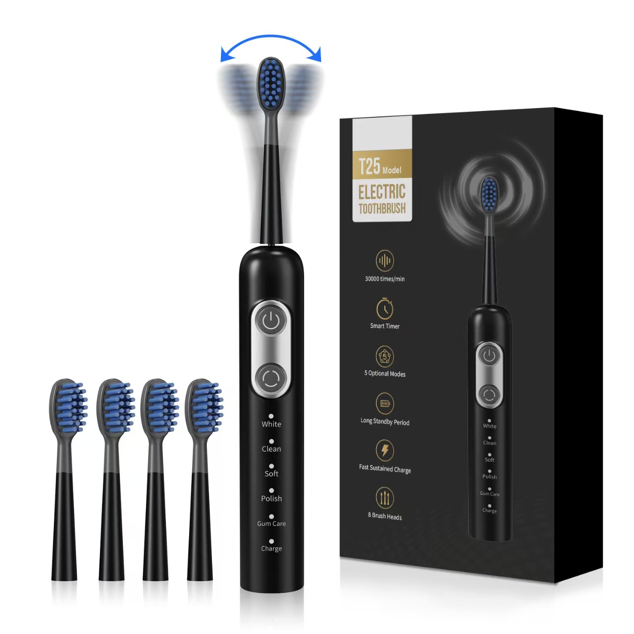 T25 Sonic Shock Electric Toothbrush 5 Brush Heads Adult Rechargeable Electric Toothbrush Cross-Border Foreign Trade Wholesale