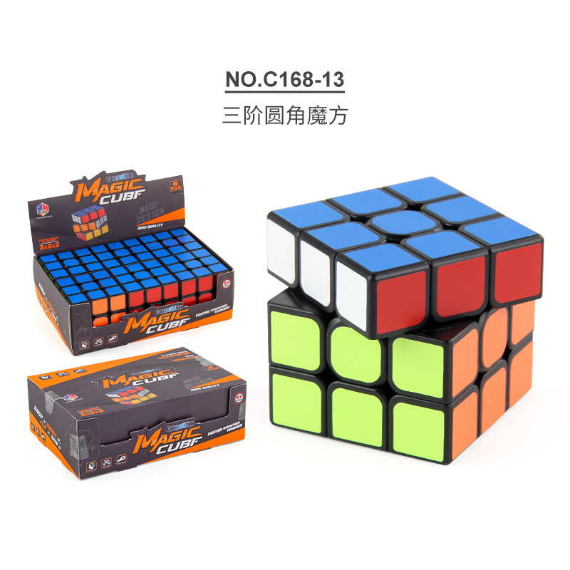 Niños rompecabezas de fondo negro brillante esquina redondeada de tercer grado rubik stickers de fondo negro de grado normal rotativo rubik cubo juguetes de exhibición caja