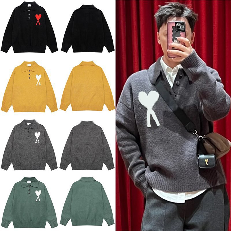 Sweater with large heart jacquard, turn-down collar, polo shirt, knitted, loose, soft, long-sleeved, unisex