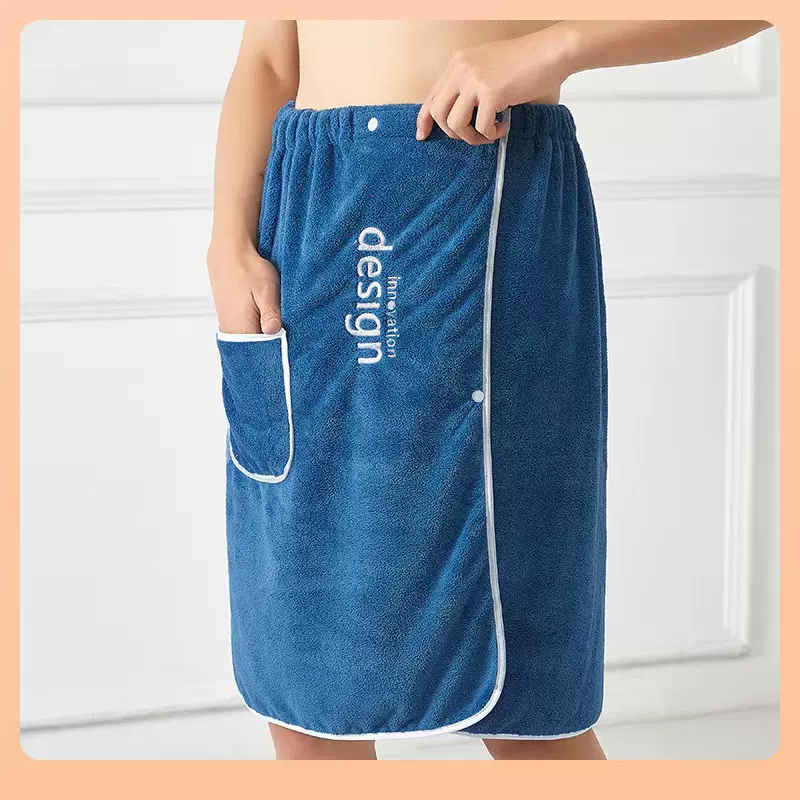 浴裙男士珊瑚绒批发易吸水可穿可裹居家浴袍可调节松紧刺绣浴巾