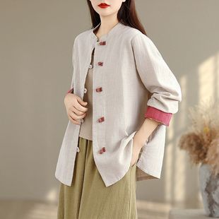 Autumn retro shirt, jacket, Chinese style, cotton and linen
