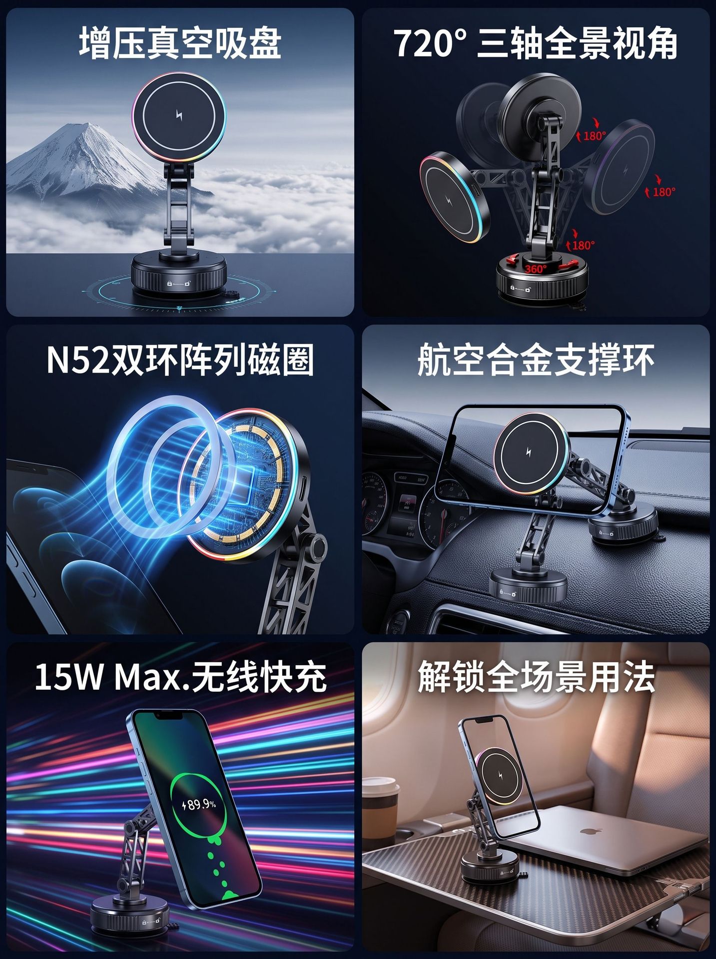 Cross-Border Vacuum Adsorption 15W Wireless Fast Charging Car Mount, Anti-Shake Extended Arm Foldable Magnetic Car Phone Holder