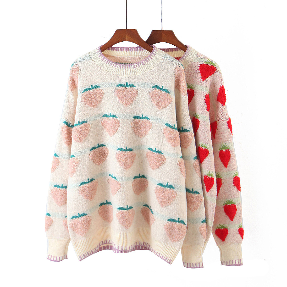 Strawberry Embroidery Round Neck Long-Sleeved Pullover Sweater NSSX73216