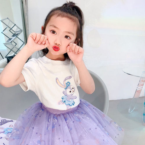 Girls 2024 style suit, stylish starry cartoon summer cotton t-shirt, mesh princess style skirt, two-piece trendy set