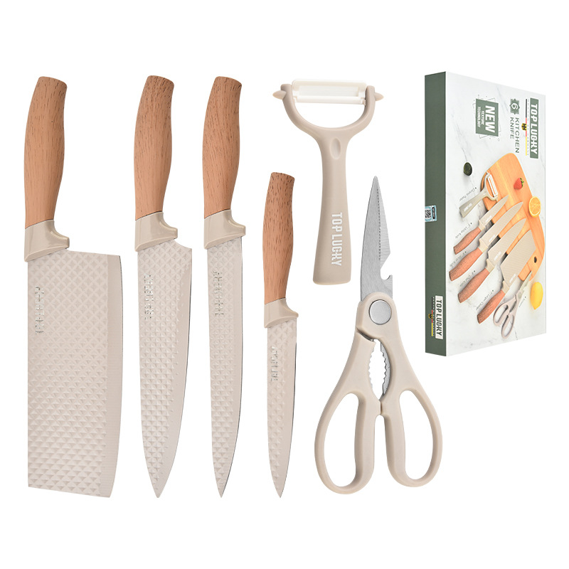6 piezas de acero inoxidable cuchillo de cocina afilado tijeras de madera aprobar cuchillo de cocina conjunto de herramientas de regalo