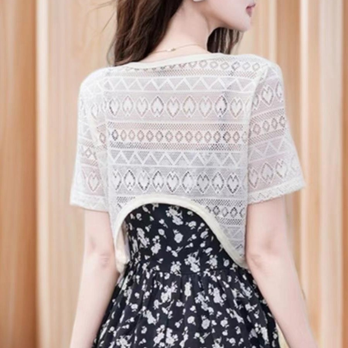Women's summer thin shawl sun protection hollow top short lace mesh blouse paired with suspender dress