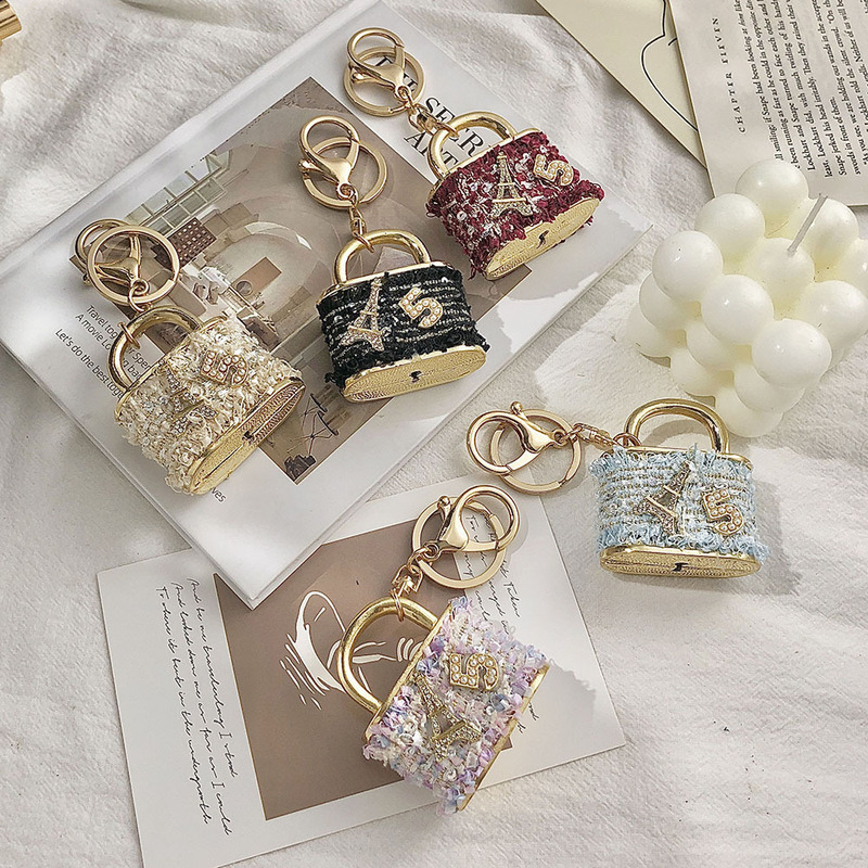 Creative Small Gift Korean Flannel ins Bag Keychain Lock Shape Pendant Metal Key Chain Hanging Cartoon