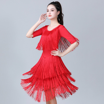Black red tassels latin dance dress for women girls modern national standard waltz tango dance performance costumes for female