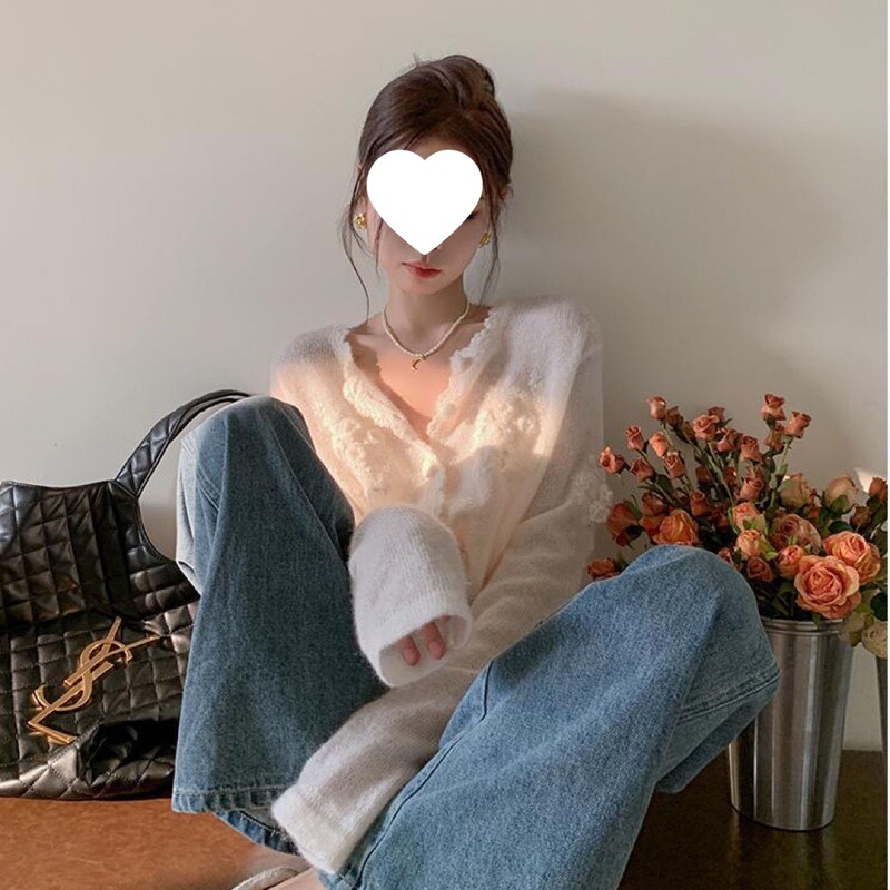 白色马海毛立体钩花针织开衫女春秋减龄2023百搭软毛衣薄款冰丝|undefined