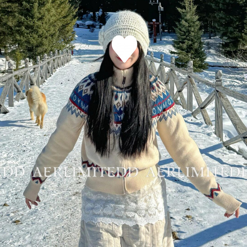 Nuevo estilo coreano de Navidad Fair Island bordado a mano de punto Cardigan de cuello suave de glutinoso suéter abrigo