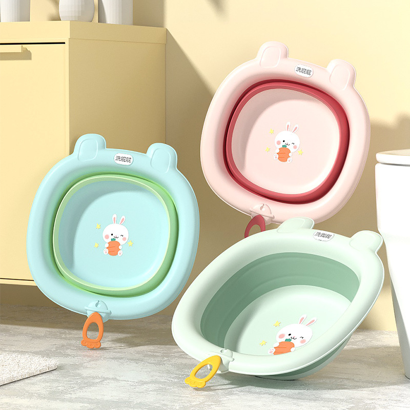 Factory direct newborn baby wash basin wash fart pp cartoon Home Children's foldable basin baby basin lanyard