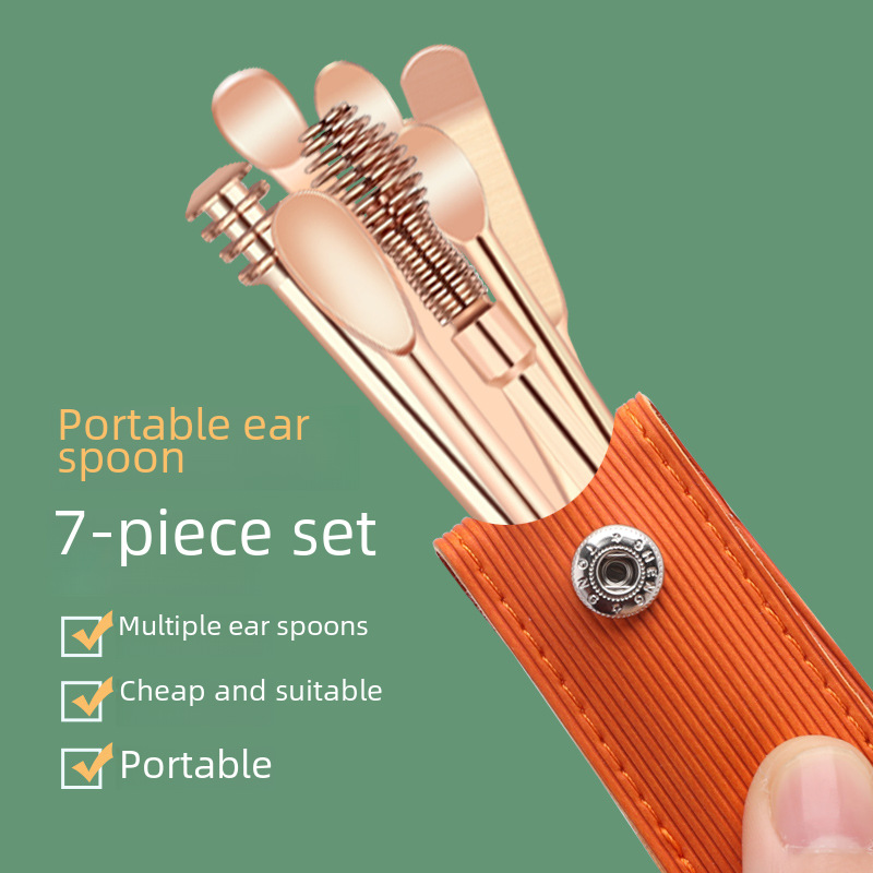 Stainless steel direct supply portable ear spoon 7-piece set, ear scooping ear cleaner ear pick hygiene tool set for adults